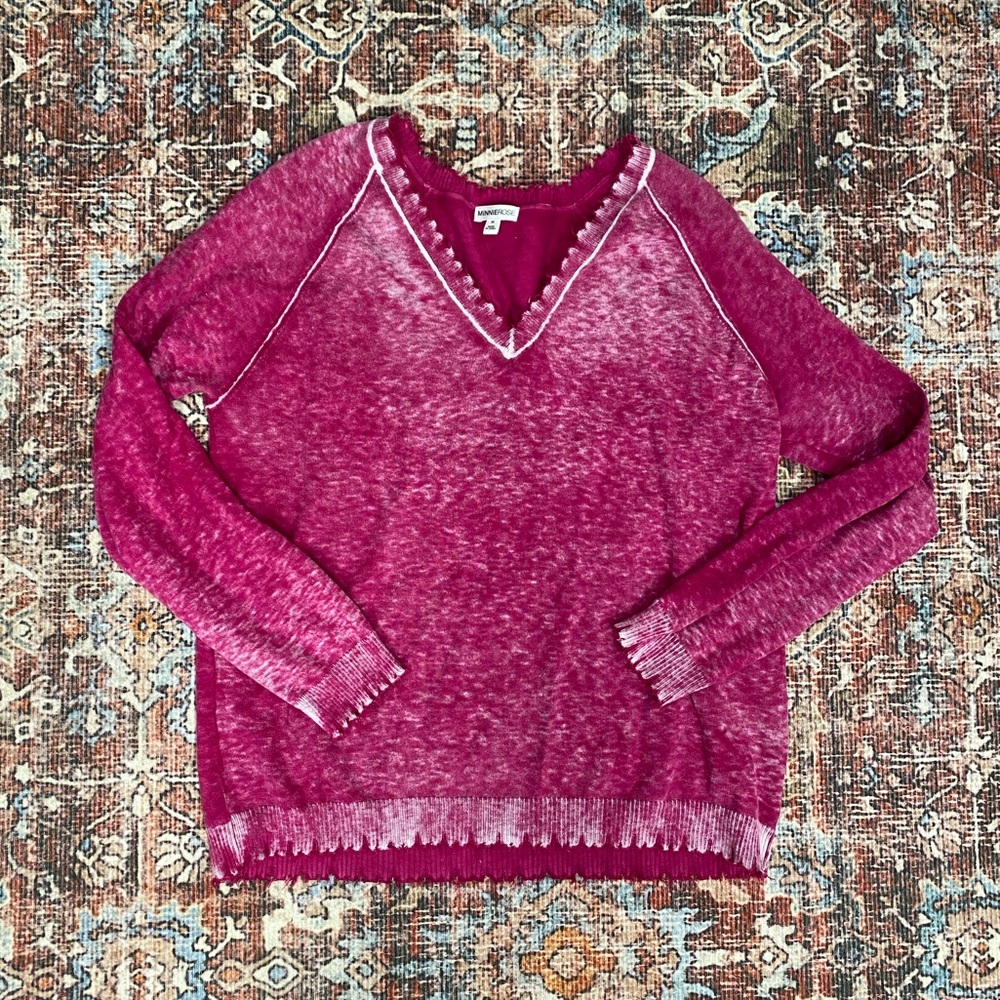 Minnie Rose pink cotton cashmere frayed edge v-neck lightweight sweater M
